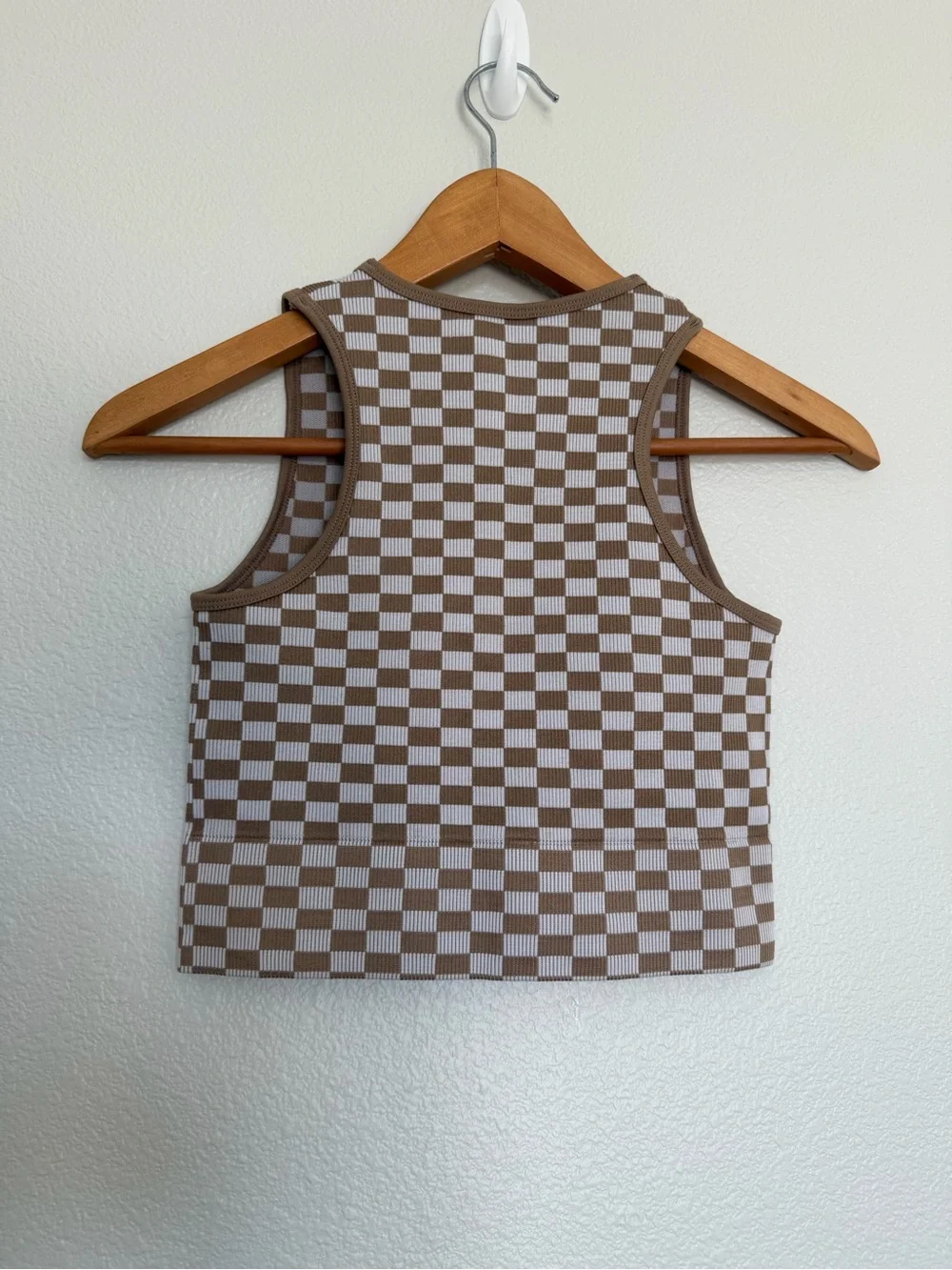 Ribbed Knit Neutral Checkered Crop Tank